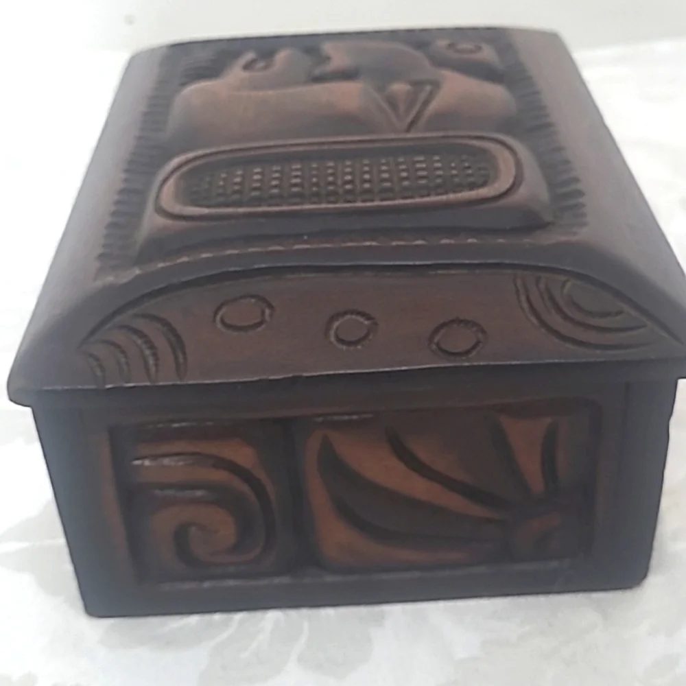 Wooden Humidor Box Stained Carved Man Tribal Tiki  Cigar Box Vintage